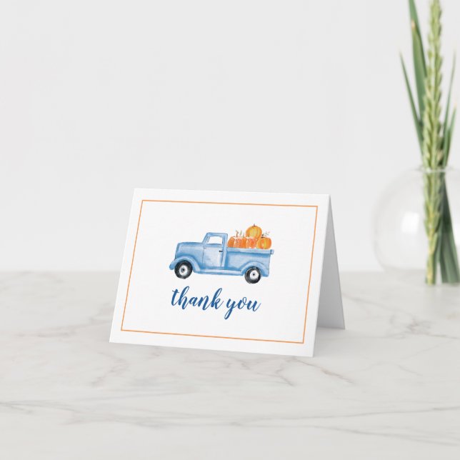 Little Pumpkin blue truck first birthday Thank You Card (Front)