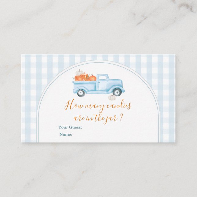 Little Pumpkin Blue Truck Gingham How Many Candies Enclosure Card (Front)
