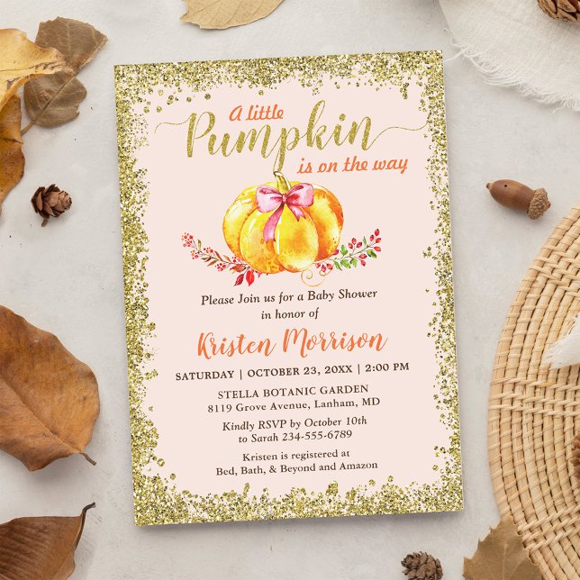 Little Pumpkin Blush Gold Glitter Fall Baby Shower Invitation (Creator Uploaded)