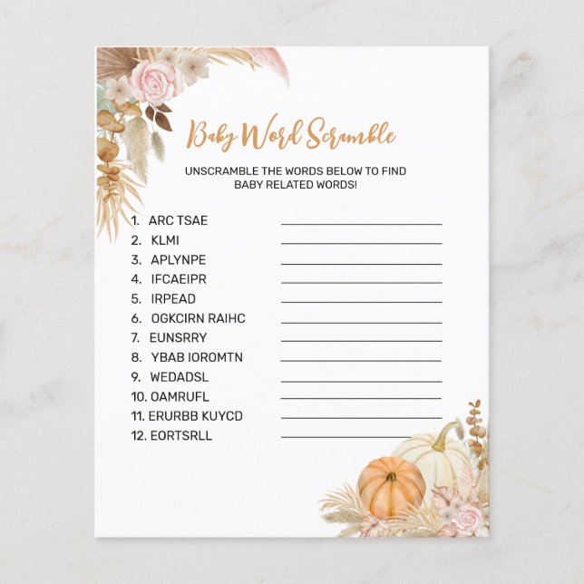 Little Pumpkin Boho Baby Shower Word Scramble Game (Front)
