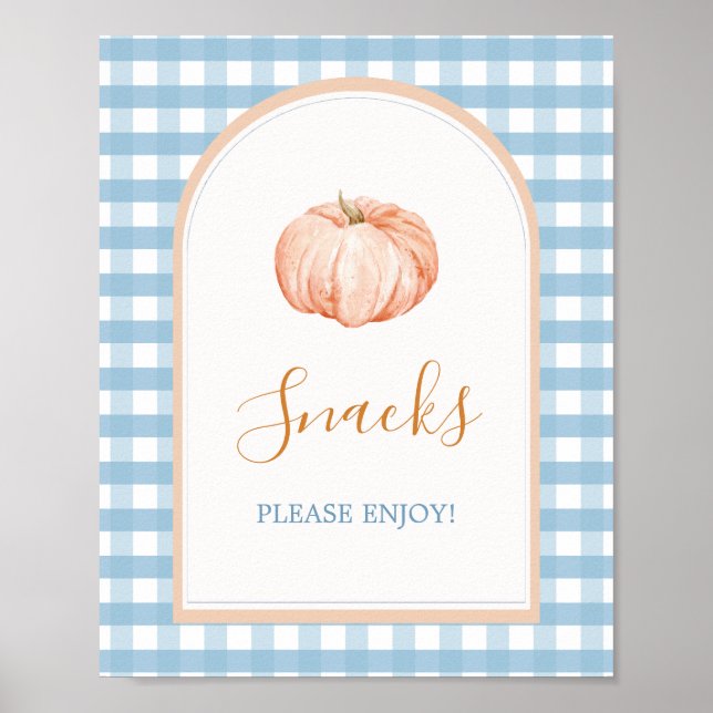 Little Pumpkin Boho Blue Gingham Snacks Sign (Front)