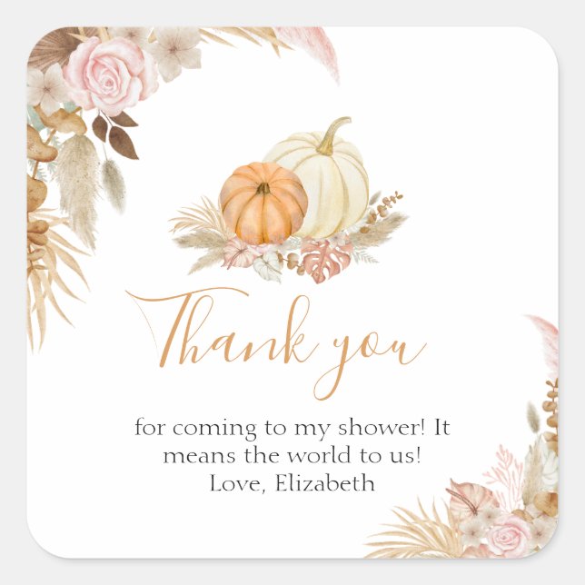 Little Pumpkin Boho Fall Floral Thank you Square Sticker (Front)
