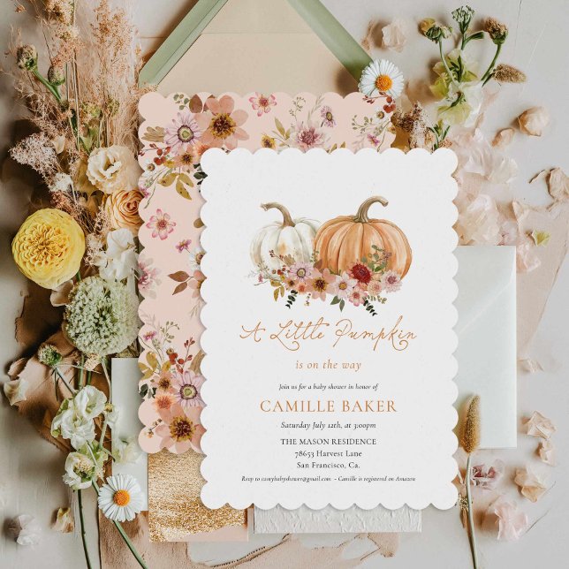 Little Pumpkin Boho Floral Baby Shower Invitation (Pumpkin Floral Fall Girl Baby Shower Invitation)