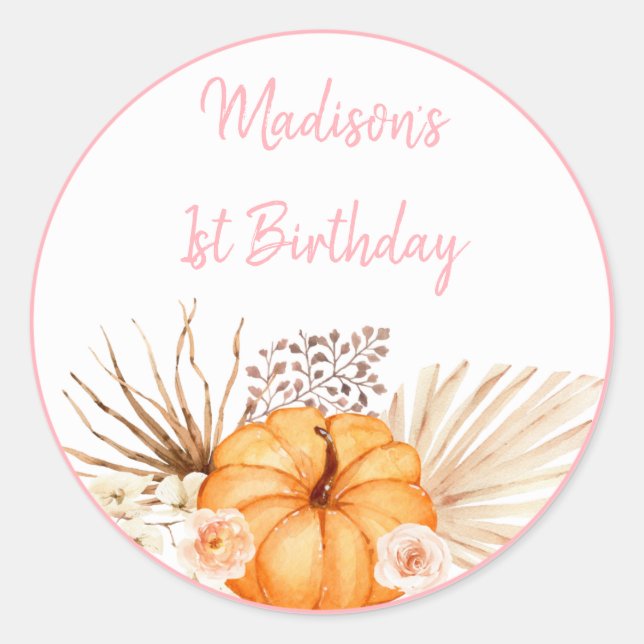 Little Pumpkin Boho Floral Birthday Classic Round Sticker (Front)