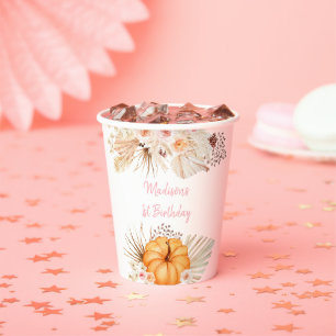 Little Pumpkin Boho Floral Birthday Paper Cups