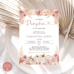 Little Pumpkin Boho Pink Pampas Grass  Baby Shower Invitation
