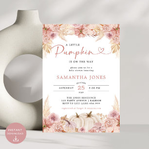 Little Pumpkin Boho Pink Pampas Grass Baby Shower Invitation