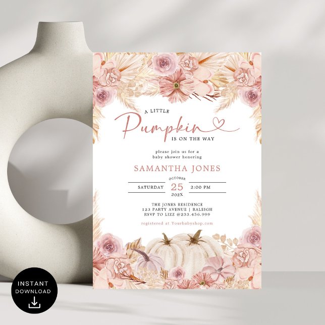 Little Pumpkin Boho Pink Pampas Grass  Baby Shower Invitation (Creator Uploaded)