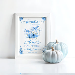 Little Pumpkin Bow Blue Baby Shower Welcome Poster