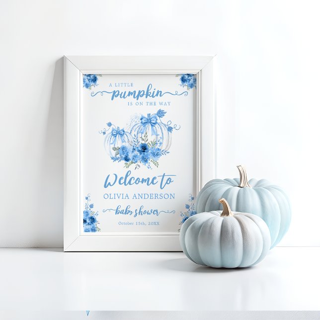 Little Pumpkin Bow Blue Baby Shower Welcome Poster (Creator Uploaded)