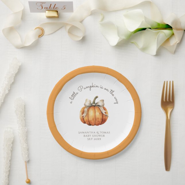 Little Pumpkin Bow Minimal Neutral Baby Shower Paper Plate (Wedding)