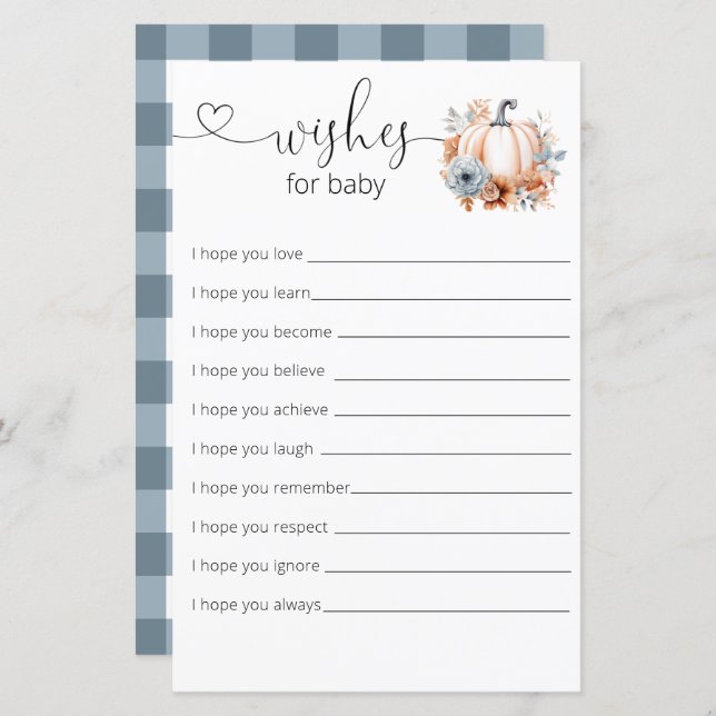 Little Pumpkin Boy Baby Shower Wishes For Baby (Front/Back)