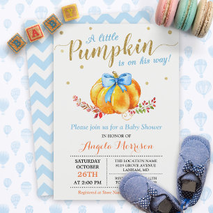 Little Pumpkin Boy Gold Blue Fall Baby Shower Invitation