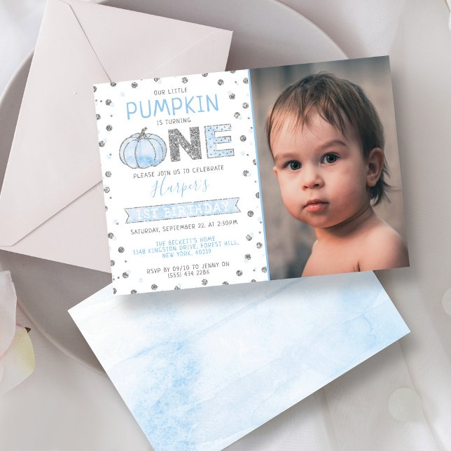 Little Pumpkin Boys 1st Birthday Photo Invitation (Creator Uploaded)