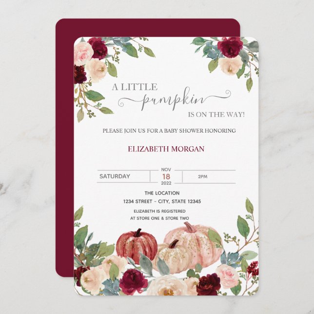 Little Pumpkin Burgundy Flowers Baby Shower Invitation (Front/Back)