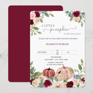 Little Pumpkin Burgundy Flowers Baby Shower Invitation