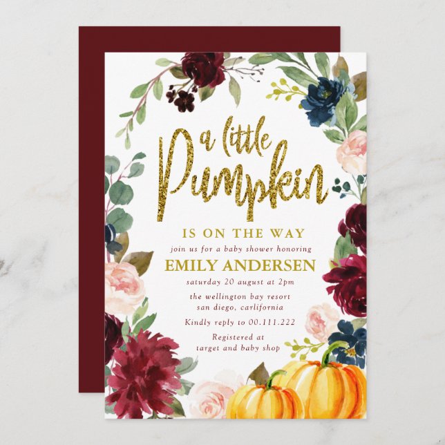 little pumpkin burgundy Navy baby shower Invitation (Front/Back)