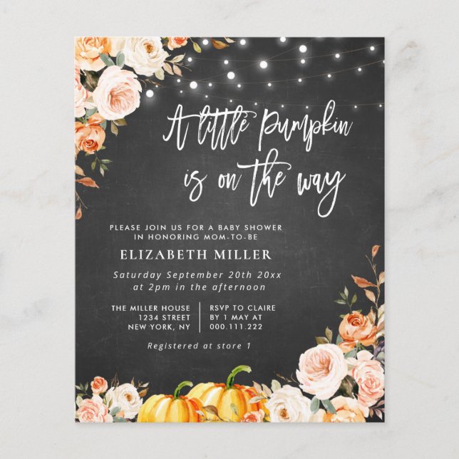 little pumpkin chalkboard fall floral baby shower  (Front)