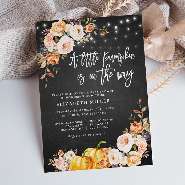 little pumpkin chalkboard fall floral baby shower invitation (Creator Uploaded)
