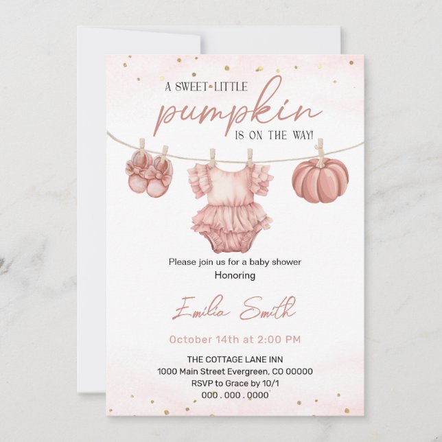 little pumpkin Clothesline  Pink Baby Shower  Invitation (Front)