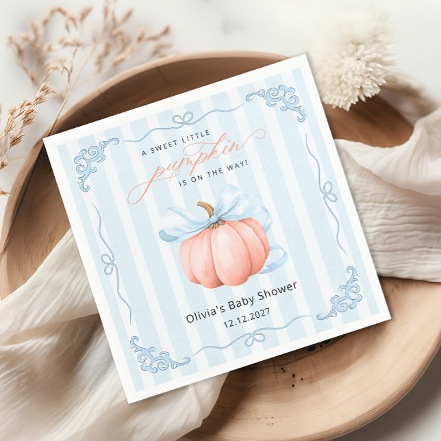 Little Pumpkin Cute Blue Bow Baby Shower  Napkin (Creator Uploaded)