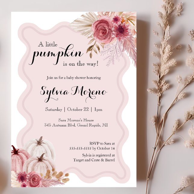 Little Pumpkin Cute Pink Boho Baby Shower Invitation (Creator Uploaded)