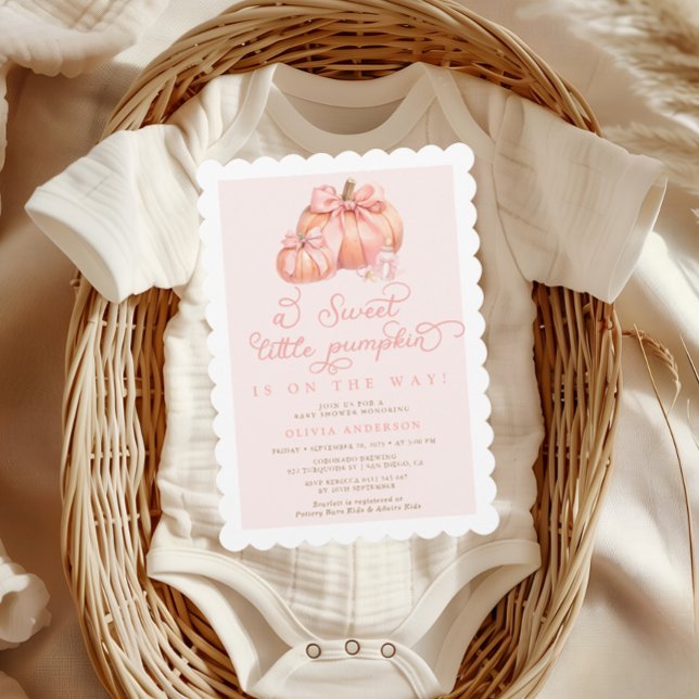 Little Pumpkin Cute Pink Bow Baby Shower Invitation (Creator Uploaded)