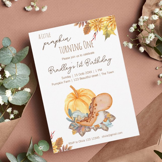 Little pumpkin dinosaur fall birthday party invitation (Creator Uploaded)