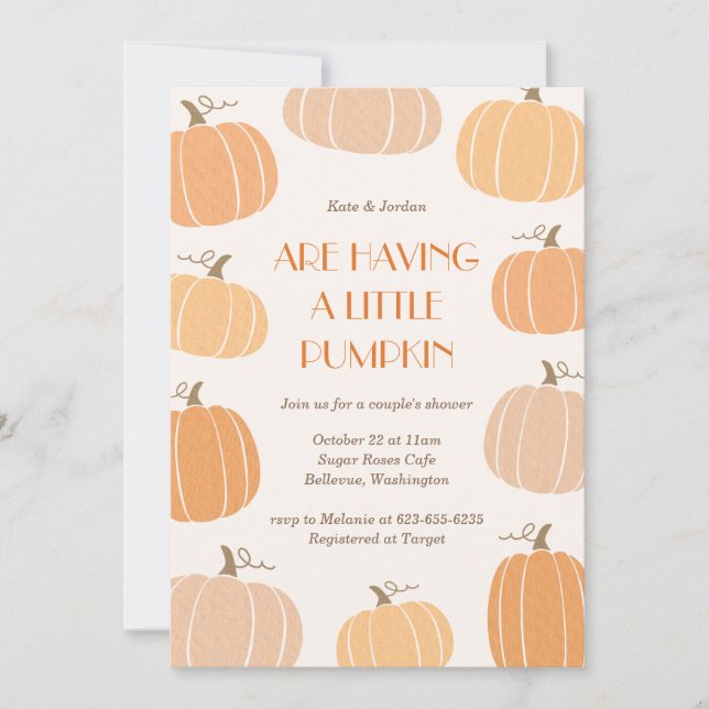 Little pumpkin drawing fall couples baby shower invitation (Front)