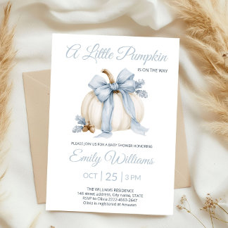 Little Pumpkin Dusty Blue Bow Baby Shower Invitation