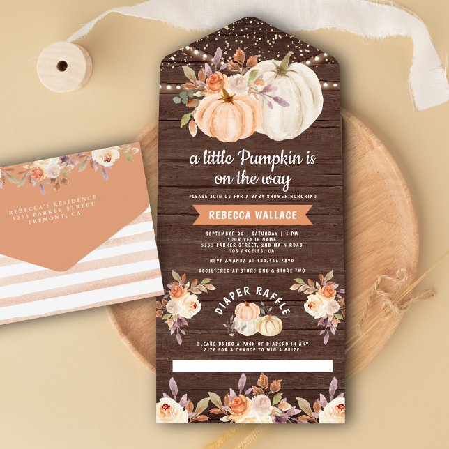 Little Pumpkin Earthy Floral Wood Baby Shower All In One Invitation (Creator Uploaded)