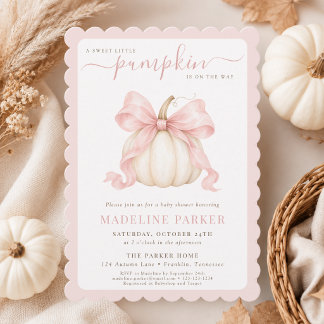 Little Pumpkin Elegant Pink Bow Baby Girl Shower Invitation