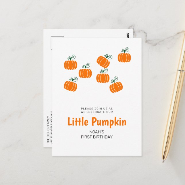 Little Pumpkin Fall 1st Birthday Party Invitation Postcard (Front/Back In Situ)