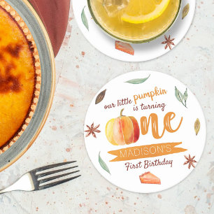 Little Pumpkin Fall 1st Birthday Round Paper Coaster