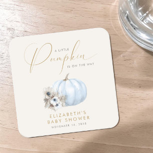 Little Pumpkin Fall Baby Boy Shower Square Paper Coaster