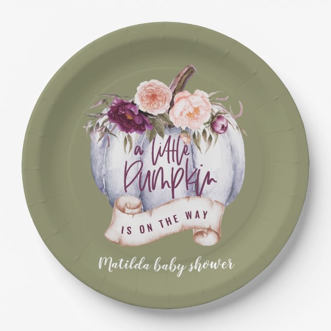Little pumpkin fall baby shower invitation paper plate (Front)