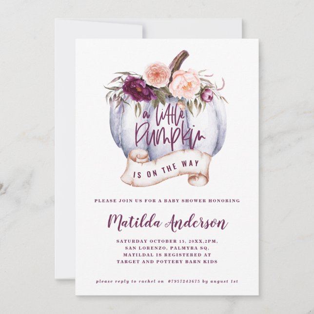 Little pumpkin fall baby shower invitation purple (Front)
