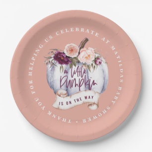 Little pumpkin fall baby shower invitation purple paper plate
