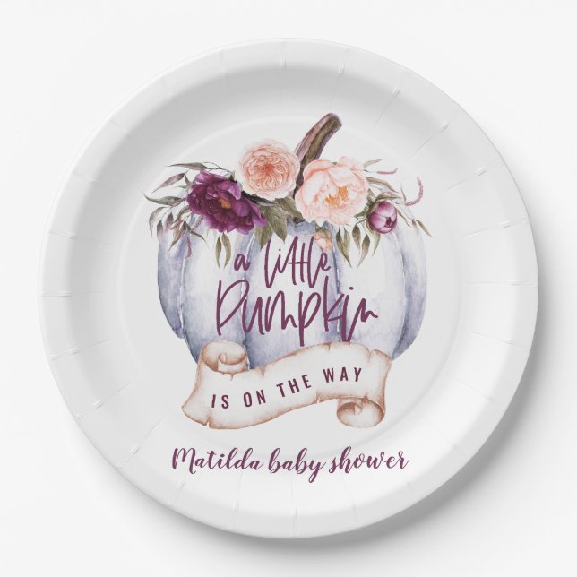 Little pumpkin fall baby shower invitation purple paper plate (Front)