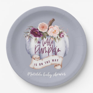 Little pumpkin fall baby shower invitation purple paper plate