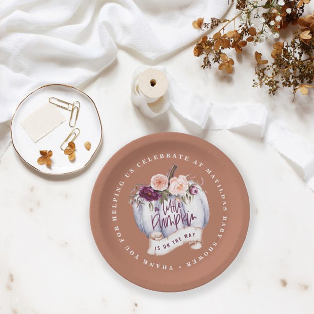 Little pumpkin fall baby shower terracotta rustic paper plate (Creator Uploaded)