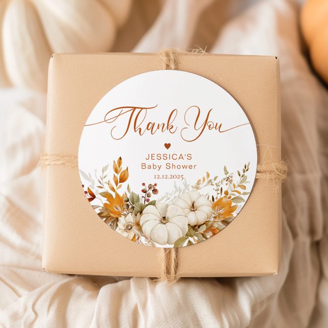 Little pumpkin fall baby shower thank you classic round sticker (Creator Uploaded)