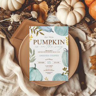 Little Pumpkin Fall Blue Boy Baby Shower Invitation