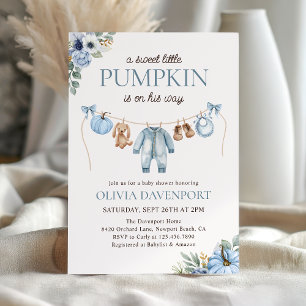 Little Pumpkin Fall Blue Floral Boy Baby Shower Invitation
