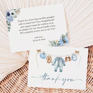 Little Pumpkin Fall Blue Floral Boy Baby Shower Thank You Card