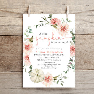 Little pumpkin fall blush pink floral greenery invitation