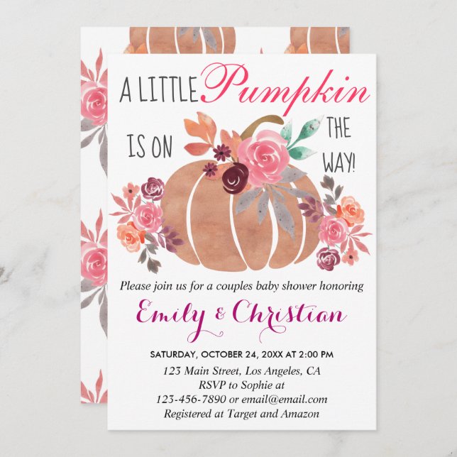 Little Pumpkin Fall Couples Baby Shower Floral Invitation (Front/Back)