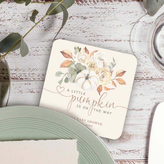 Little Pumpkin Fall Floral Baby Shower Square Paper Coaster (A little pumpkin is on the way fall rustic baby shower perfect way to celebrate a mom to be.)