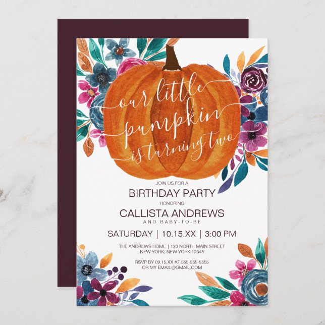 Little Pumpkin Fall Floral Watercolor Birthday Invitation (Front/Back)