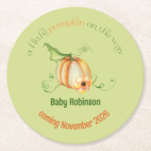 Little Pumpkin Fall Gender Neutral Baby Shower Round Paper Coaster